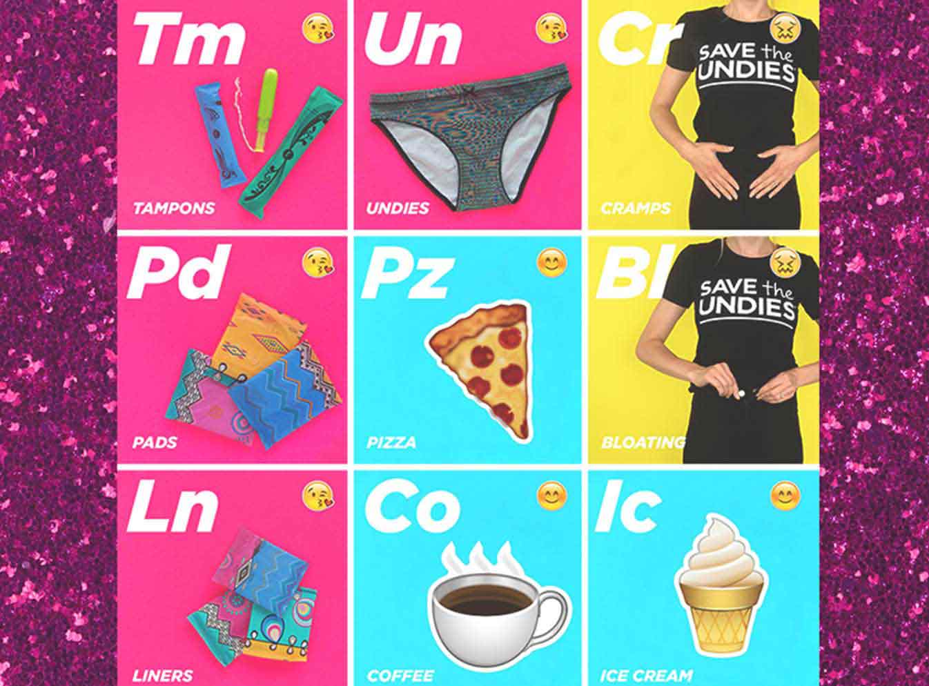 Tampons, pads, liners, underwear, pizza, coffee, icecream icons