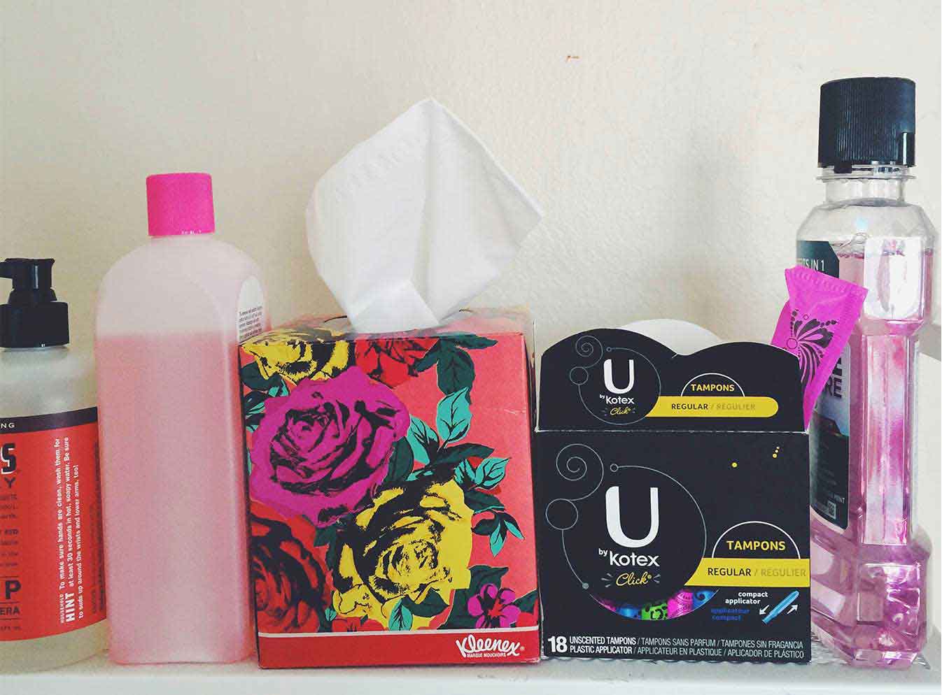 Tissues, bottles, box of tampons