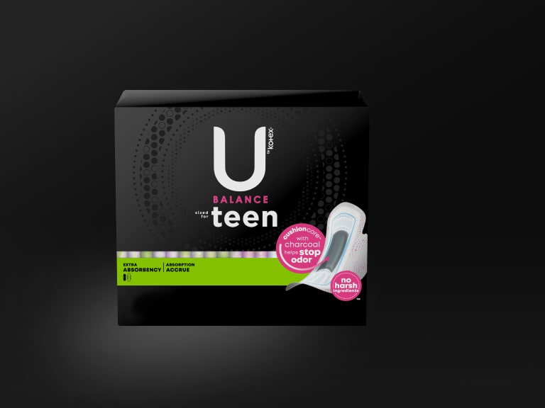 U by Kotex® Balance Ultra Thin Charcoal pads with wings for teens, extra absorbency