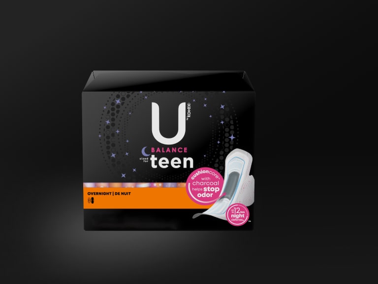 U by Kotex® Balance Ultra Thin charcoal pads with wings for teens, extra absorbency