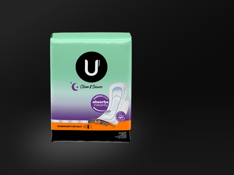 U by Kotex® Clean & Secure Ultra Thin pads with wings, overnight absorbency