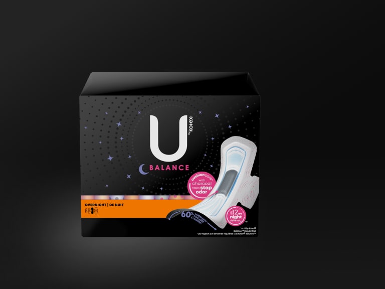 U by Kotex® Balance Ultra Thin Charcoal pads with wings, overnight absorbency
