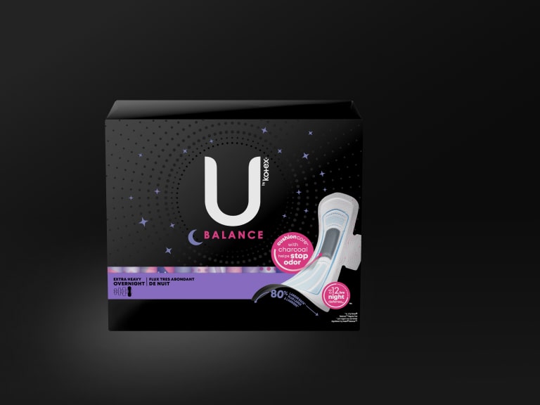 U by Kotex® Balance Ultra Thin Charcoal pads with wings, overnight absorbency