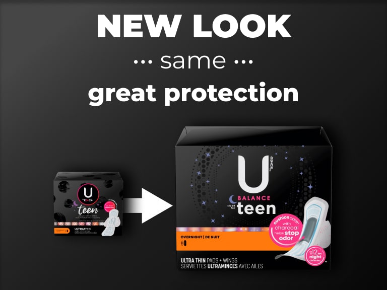 U by Kotex® Balance Ultra Thin charcoal pads for teens extra absorbency, new design
