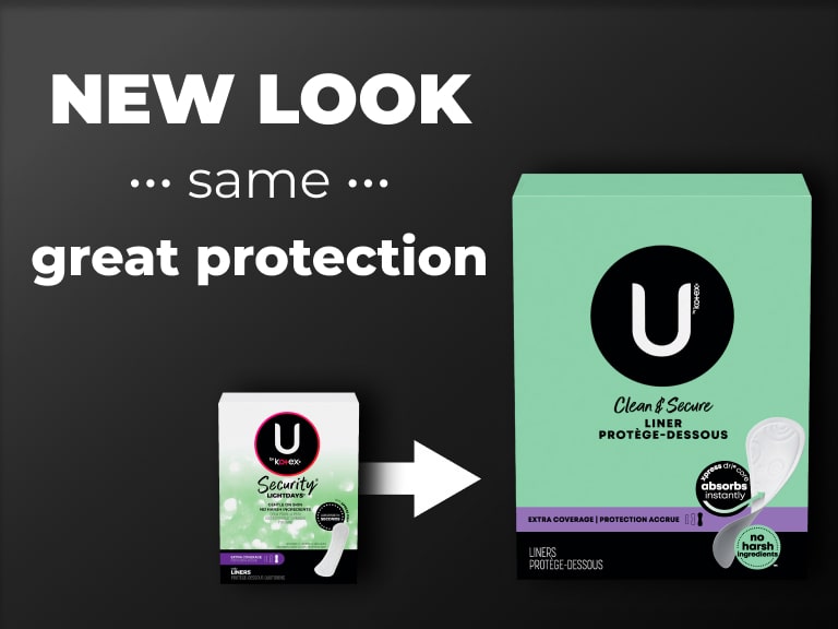 U by Kotex® Security -> Clean & Secure liners, extra coverage - new design