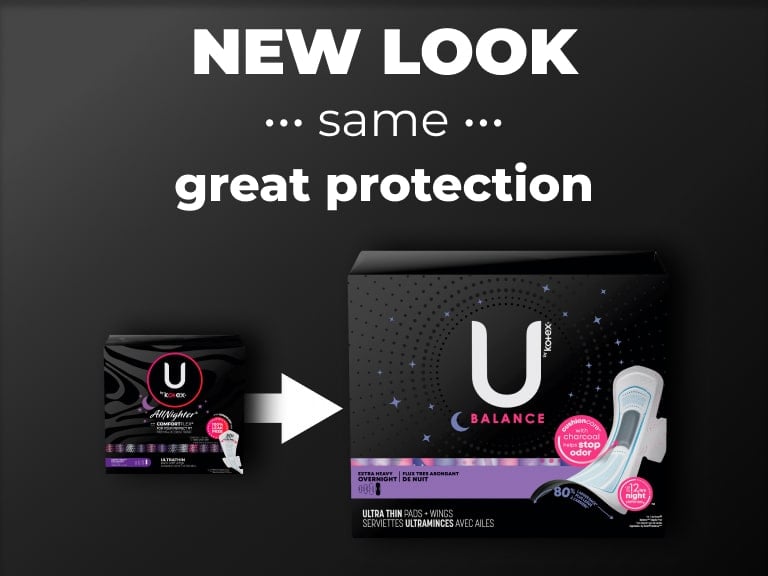 U by Kotex® Allnighter -> Balance Ultra Thin Charcoal pads with wings, overnight absorbency - new design